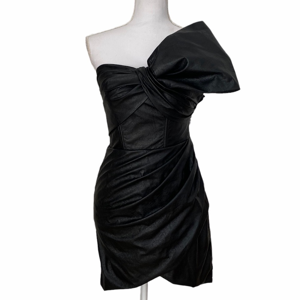 Pinko- Black Faux Leather Large Bow Mini Dress